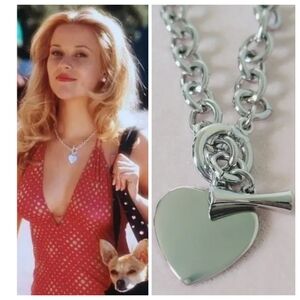 Flat Silver Heart Charm Necklace Vintage Heart Chunky Chain Shiny Y2K